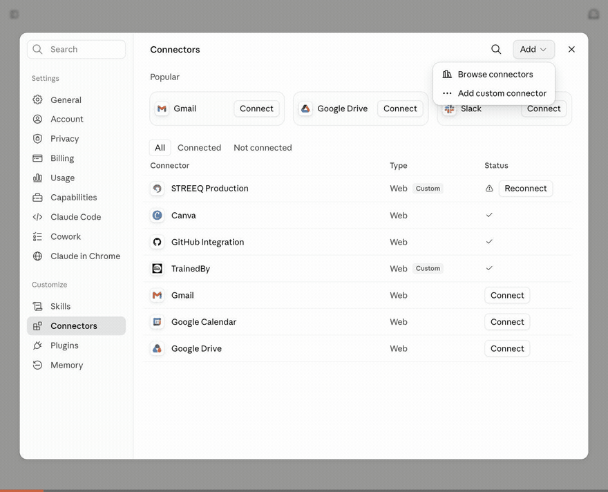 Adding TrainedBy in Claude: open Settings, Connectors, Add, Add custom connector, then paste the TrainedBy address and press Add.