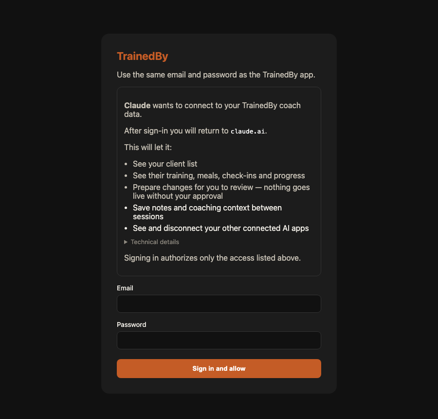 The TrainedBy sign-in screen, listing in plain language what the AI will be able to see before you approve it.
