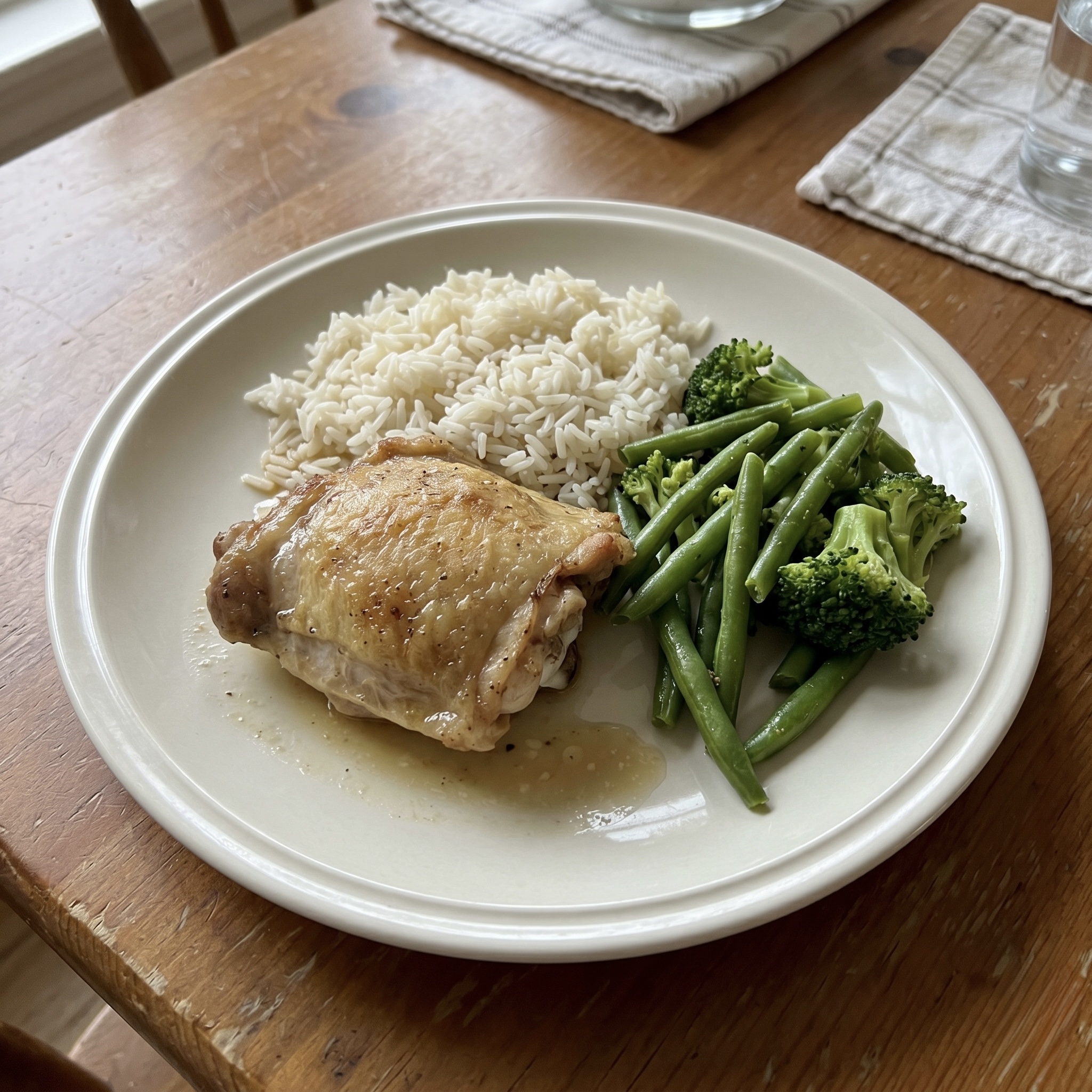 Chicken thigh, rice, and tenderstem broccoli meal photo